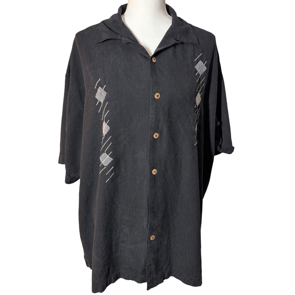 Cotton Traders Silk Embroidered Camp‎ Shirt 2X Black Short Sleeve Mens
